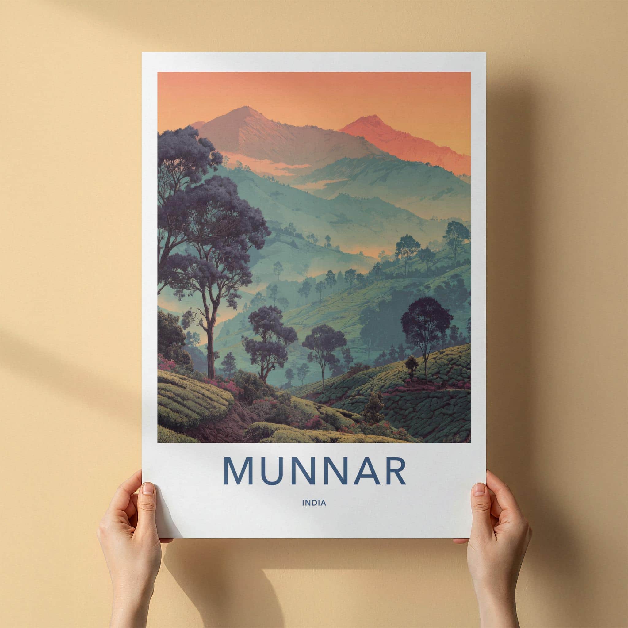 Munnar Poster - India Travel Art - Kerala Rolling Tea Gardens Home Decor