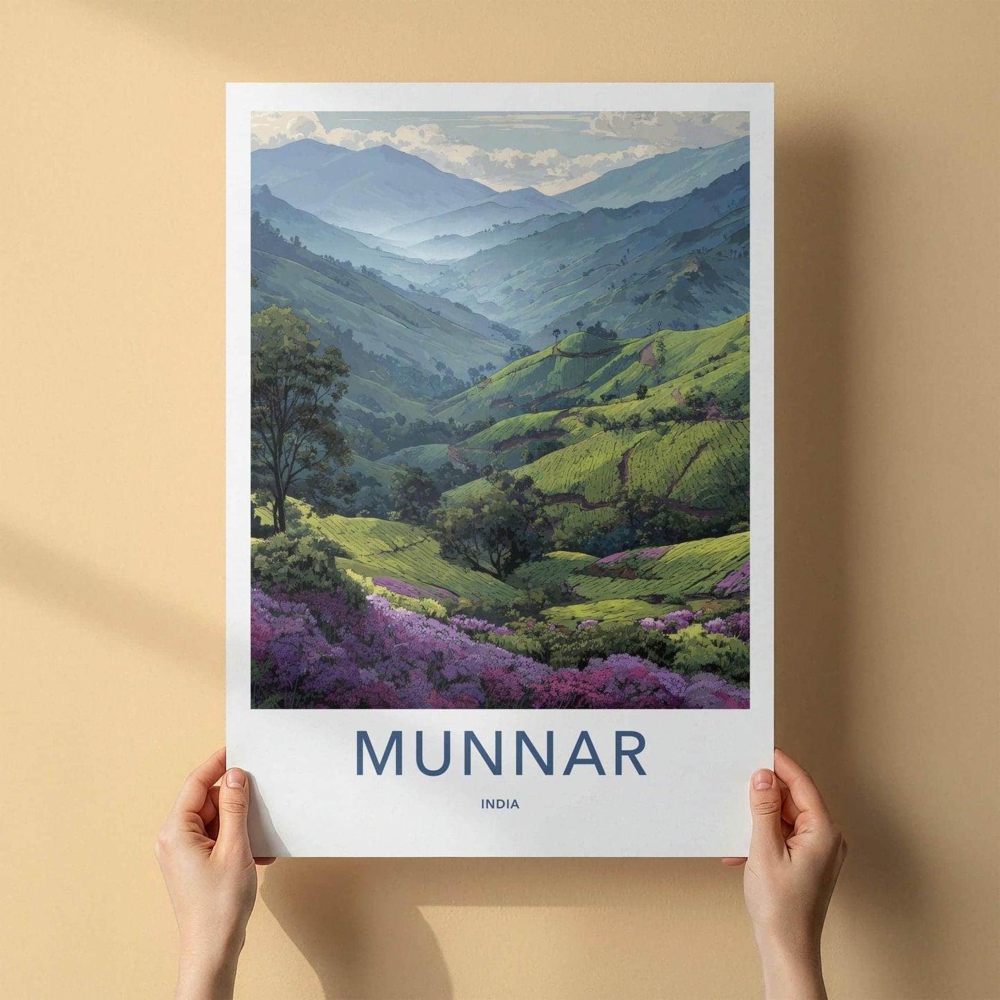 Munnar Poster - India Travel Art - Kerala Tiered Tea Fields Home Decor