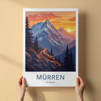 Murren Poster - Switzerland Travel Art - Alpine Train Sunset Home Decor