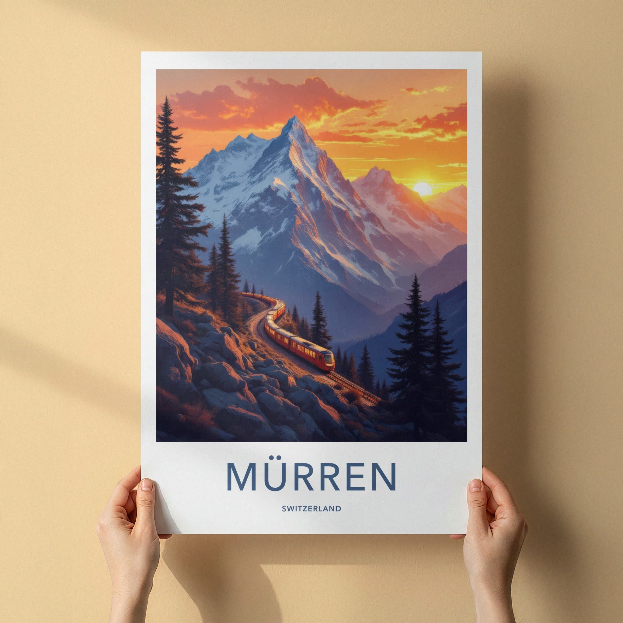Murren Poster - Switzerland Travel Art - Alpine Train Sunset Home Decor