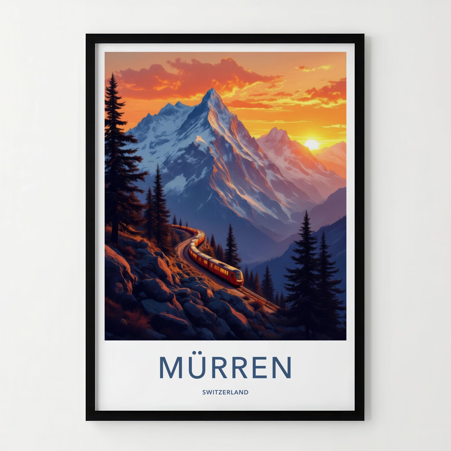 Murren Poster - Switzerland Travel Art - Alpine Train Sunset Home Decor
