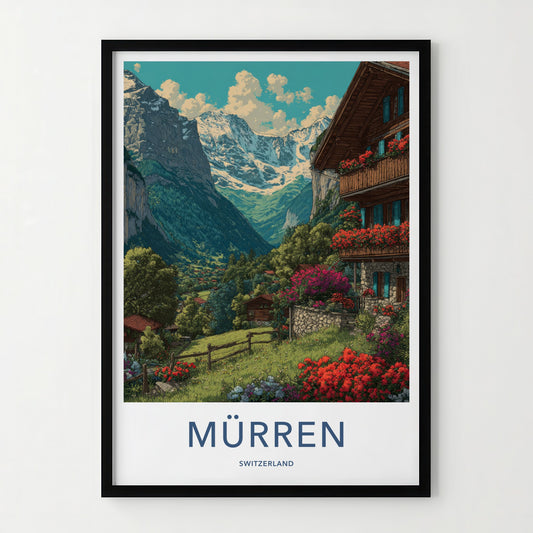 Murren Poster - Switzerland Travel Art - Alpine Valley Village Wall Decor