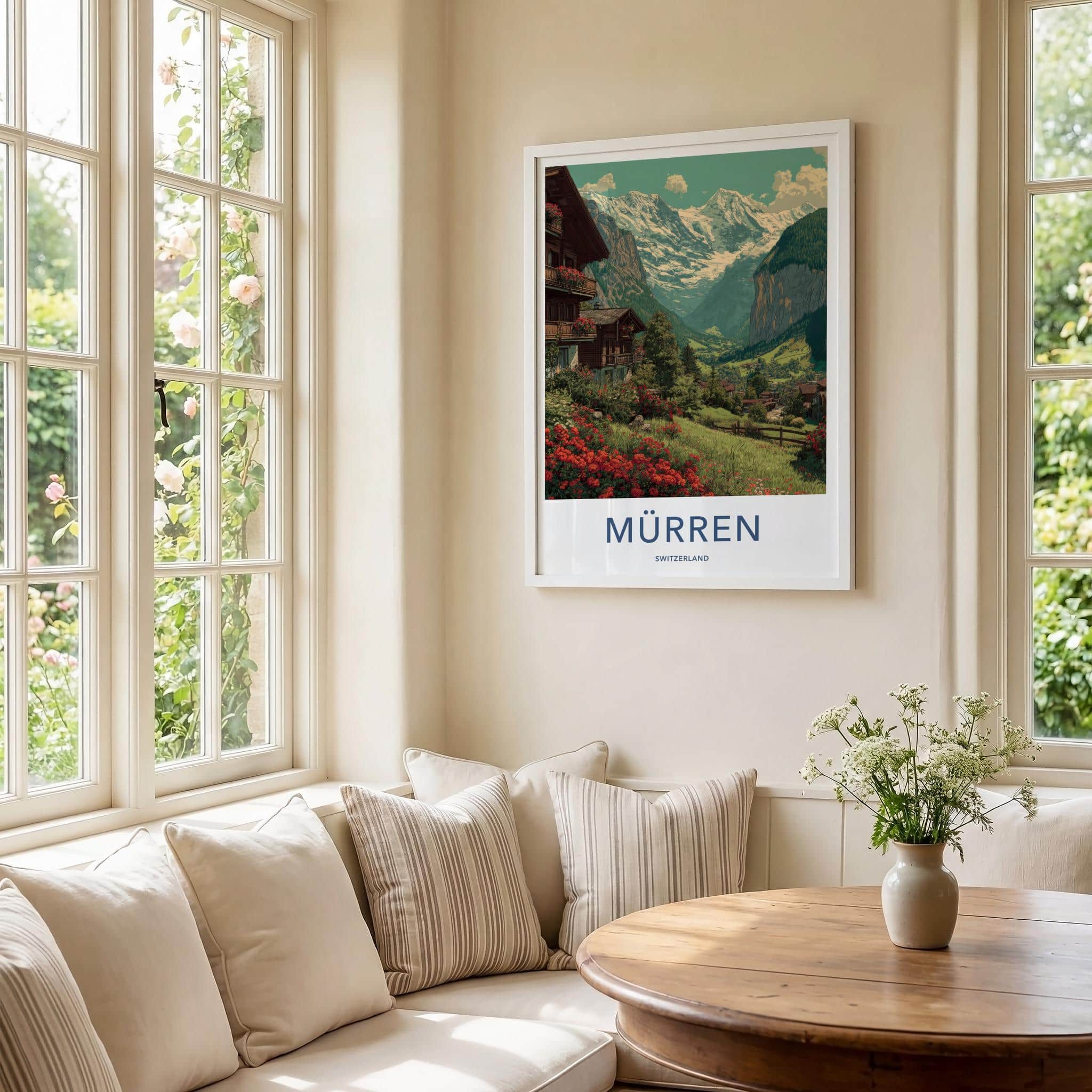 Murren Poster - Switzerland Travel Art - Alpine village panorama Home Decor