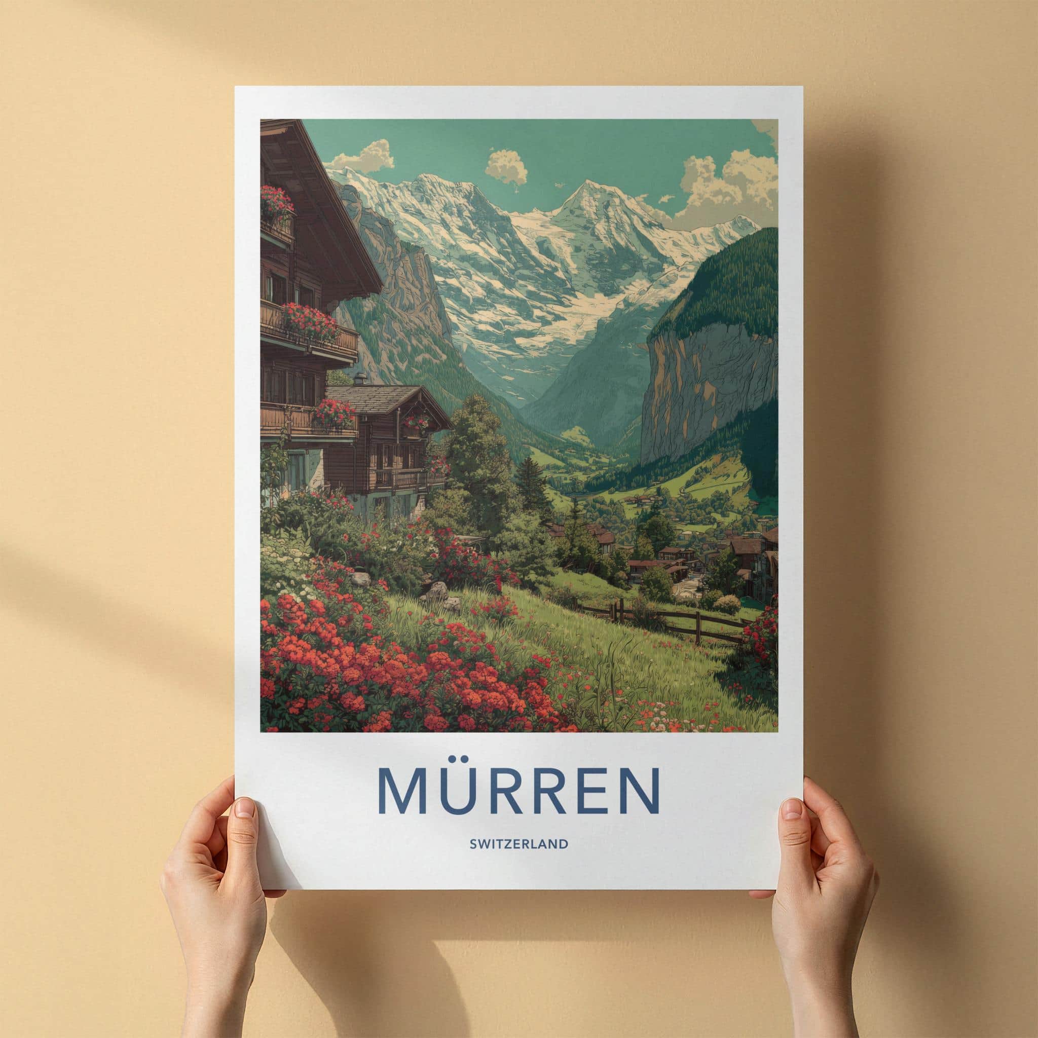 Murren Poster - Switzerland Travel Art - Alpine village panorama Home Decor