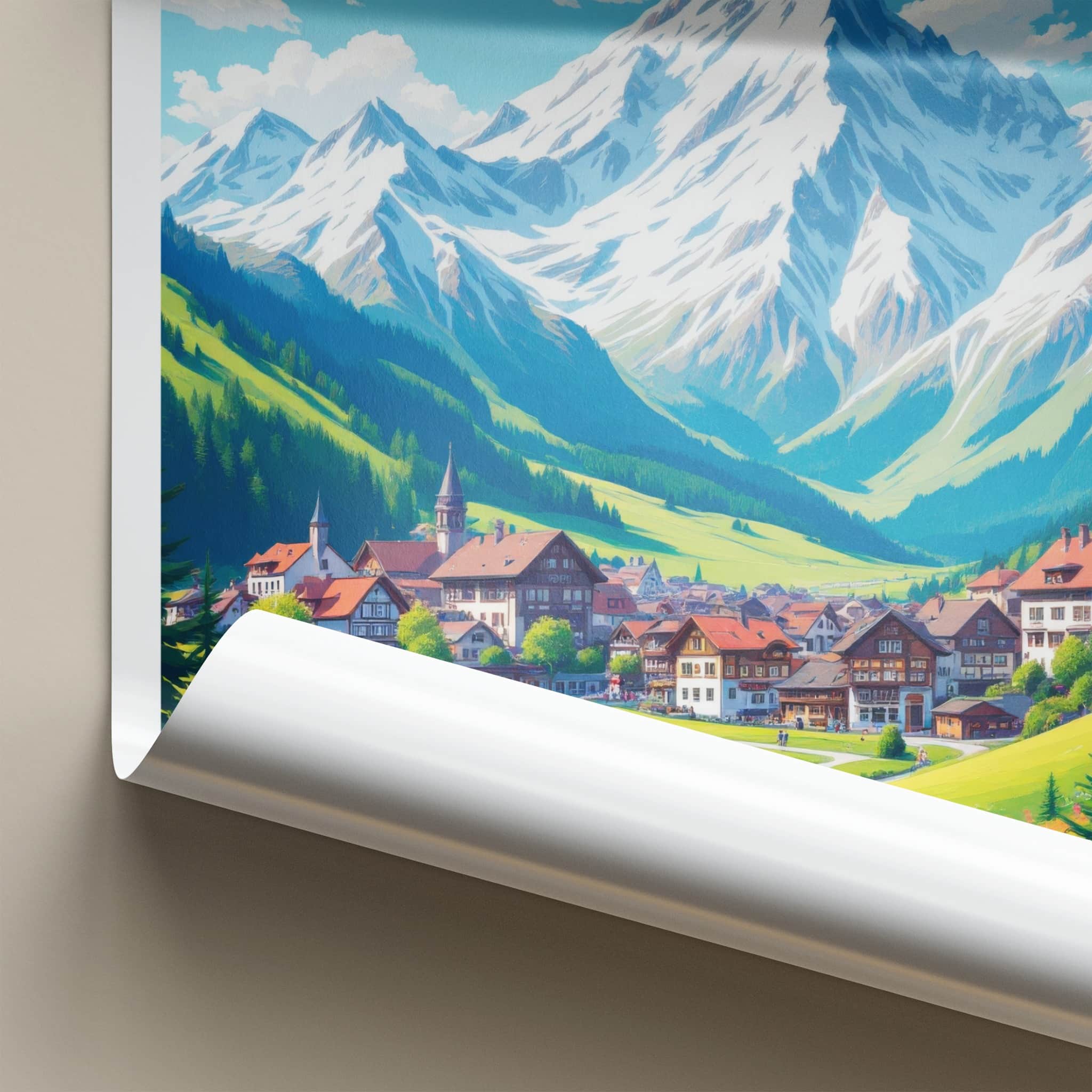 Murren Poster - Switzerland Travel Art - Alpine Village Scene Wall Decor