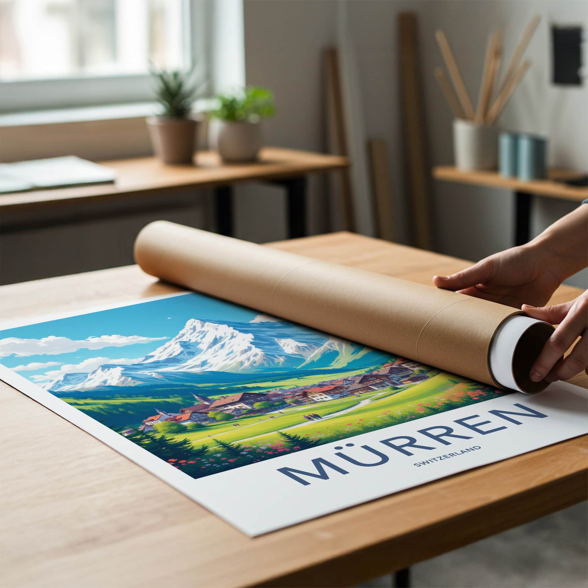 Murren Poster - Switzerland Travel Art - Alpine Village Scene Wall Decor