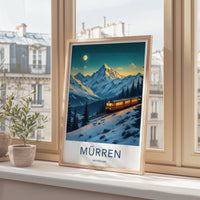 Murren Poster - Switzerland Travel Art - Moonlit Alpine Train Home Decor