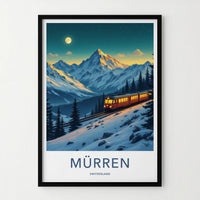 Murren Poster - Switzerland Travel Art - Moonlit Alpine Train Home Decor