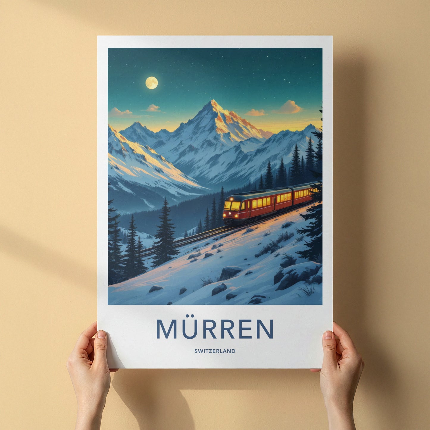 Murren Poster - Switzerland Travel Art - Moonlit Alpine Train Home Decor