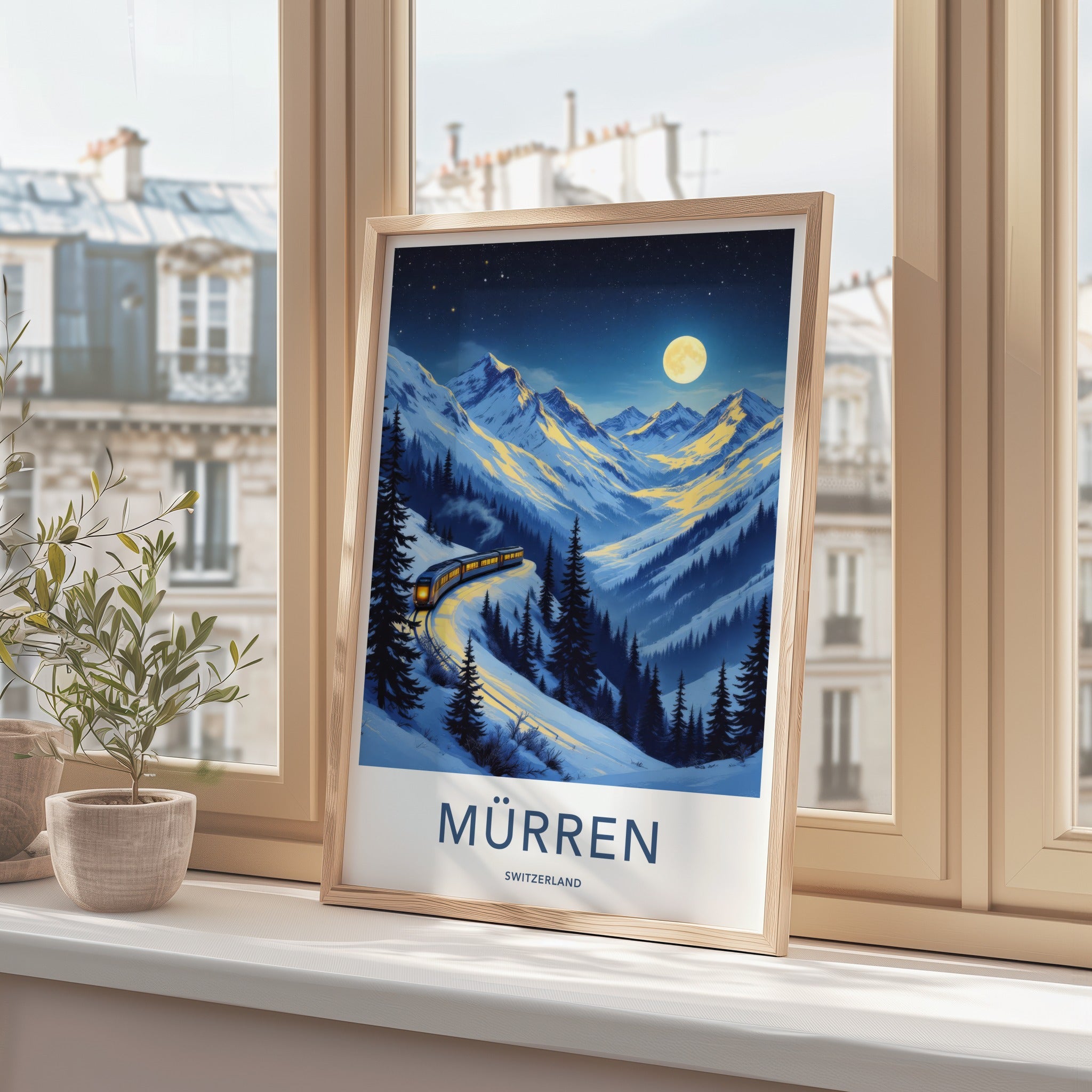 Murren Poster - Switzerland Travel Art - Moonlit Mountain Train Home Decor