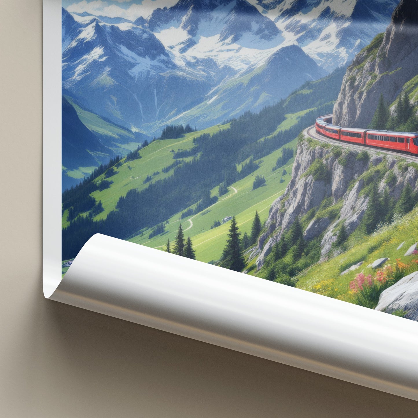 Murren Poster - Switzerland Travel Art - Red Train Mountain Wall Decor