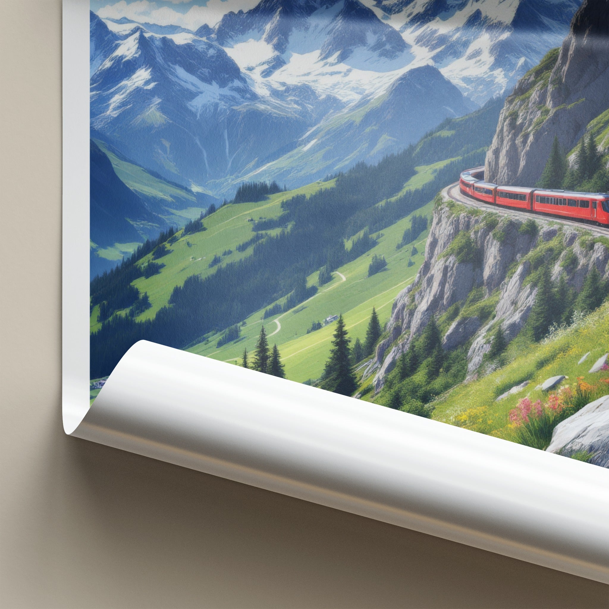 Murren Poster - Switzerland Travel Art - Red Train Mountain Wall Decor