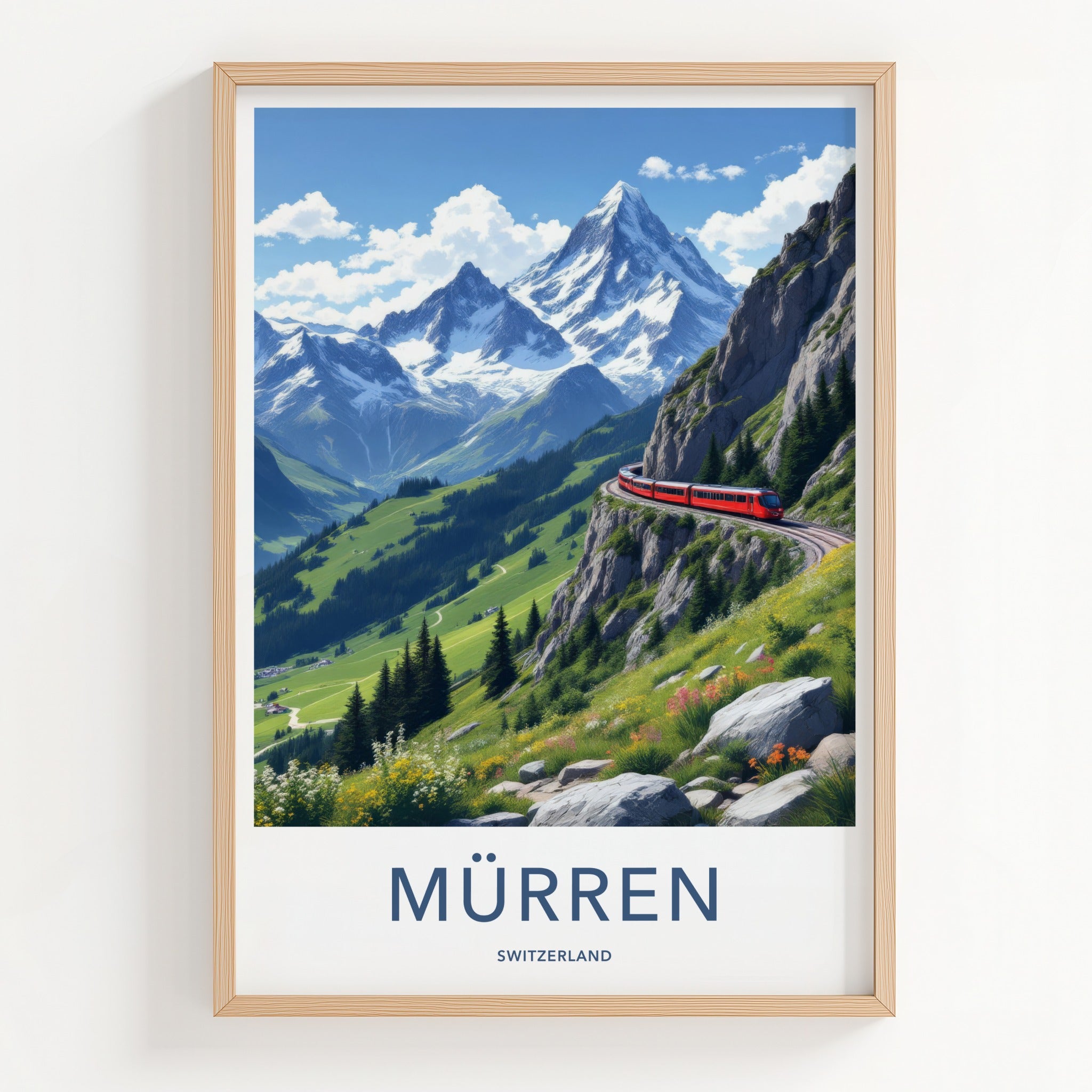 Murren Poster - Switzerland Travel Art - Red Train Mountain Wall Decor
