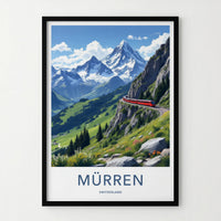 Murren Poster - Switzerland Travel Art - Red Train Mountain Wall Decor