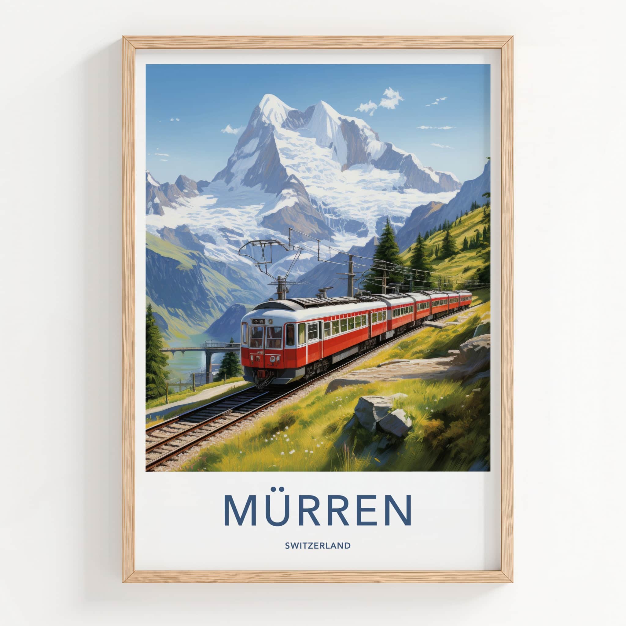 Murren Poster - Switzerland Travel Art - Red Train Mountains Wall Decor