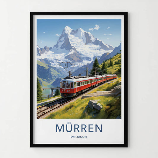 Murren Poster - Switzerland Travel Art - Red Train Mountains Wall Decor