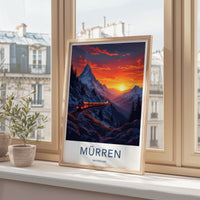 Murren Poster - Switzerland Travel Art - Snowy Mountain Sunset Wall Decor