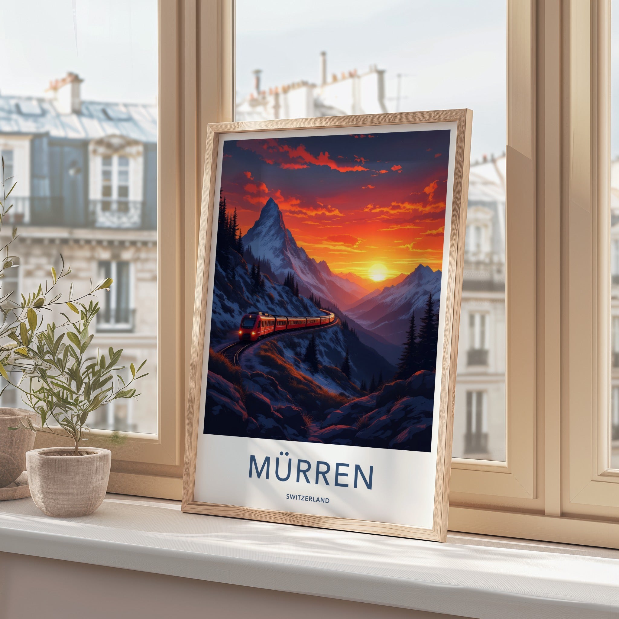 Murren Poster - Switzerland Travel Art - Snowy Mountain Sunset Wall Decor