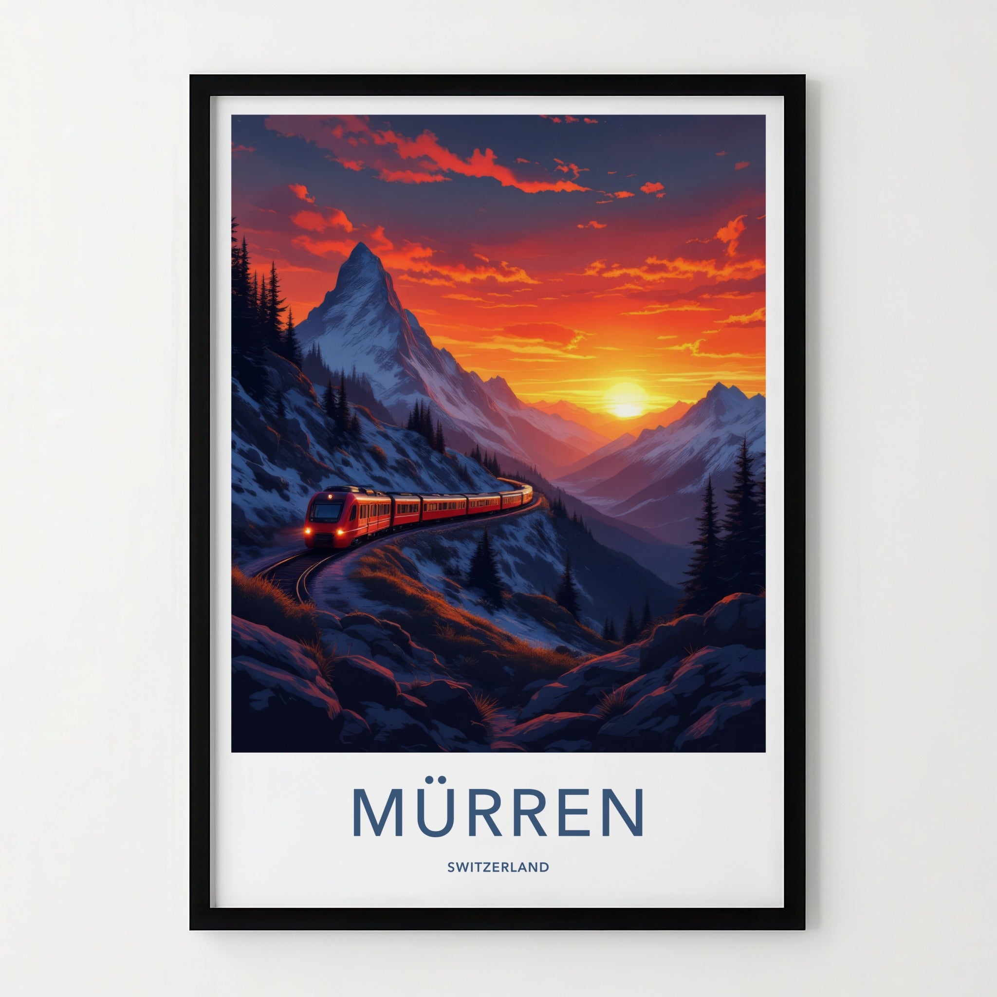 Murren Poster - Switzerland Travel Art - Snowy Mountain Sunset Wall Decor