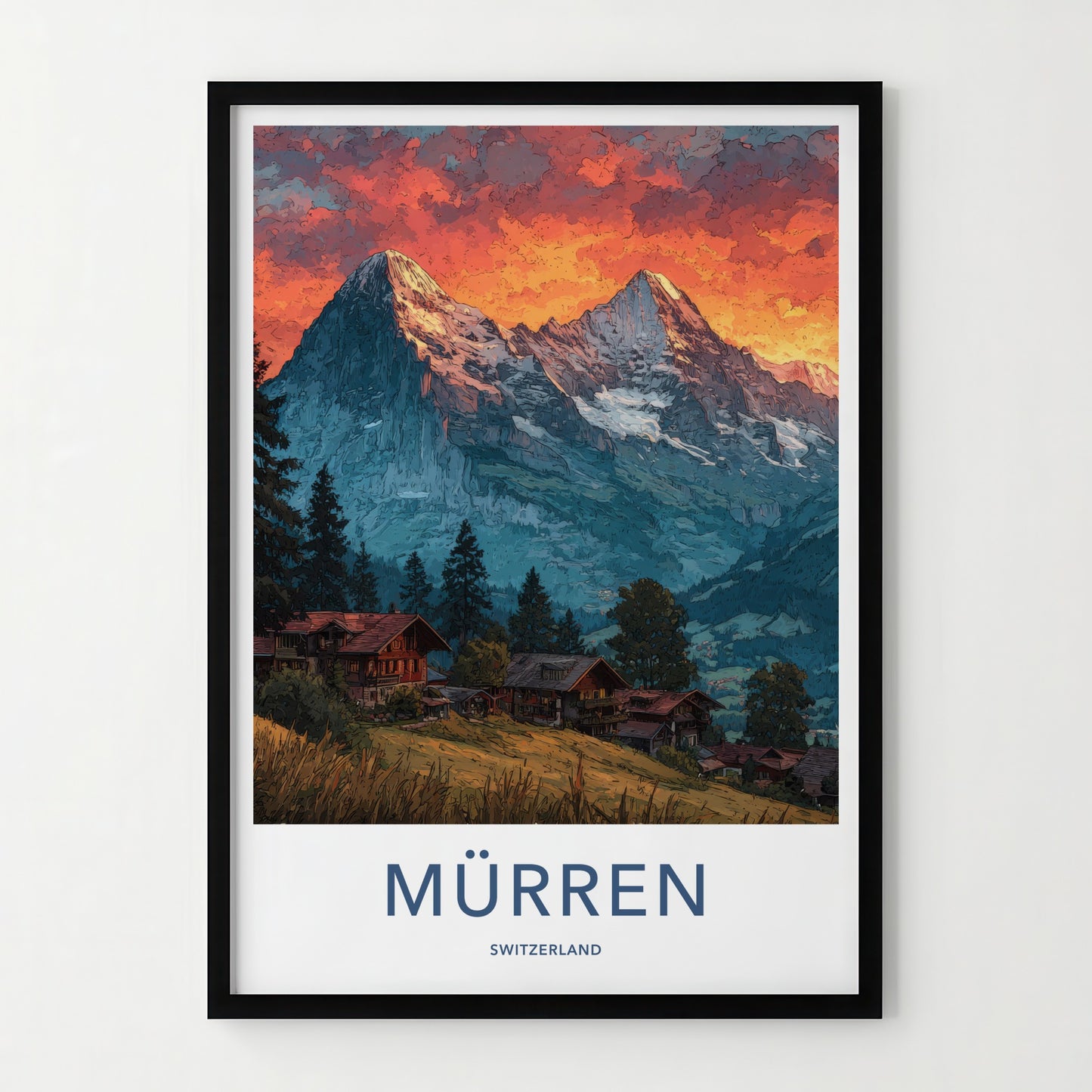 Murren Poster - Switzerland Travel Art - Snowy Peaks Village Wall Decor