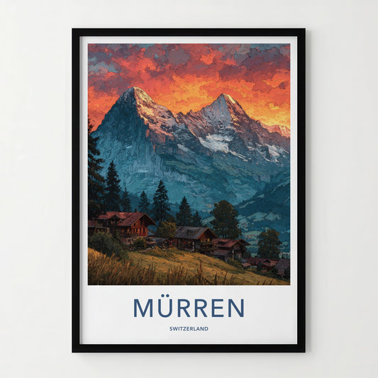 Murren Poster - Switzerland Travel Art - Snowy Peaks Village Wall Decor
