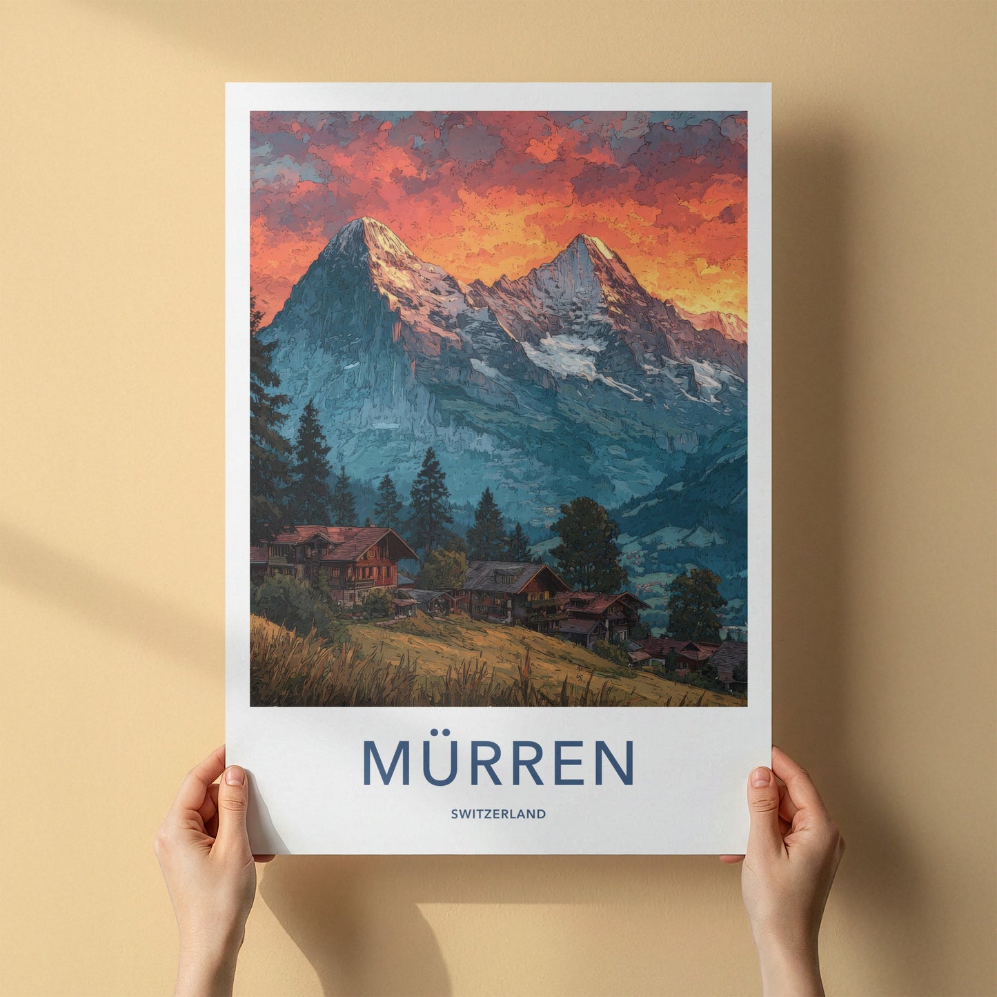 Murren Poster - Switzerland Travel Art - Snowy Peaks Village Wall Decor