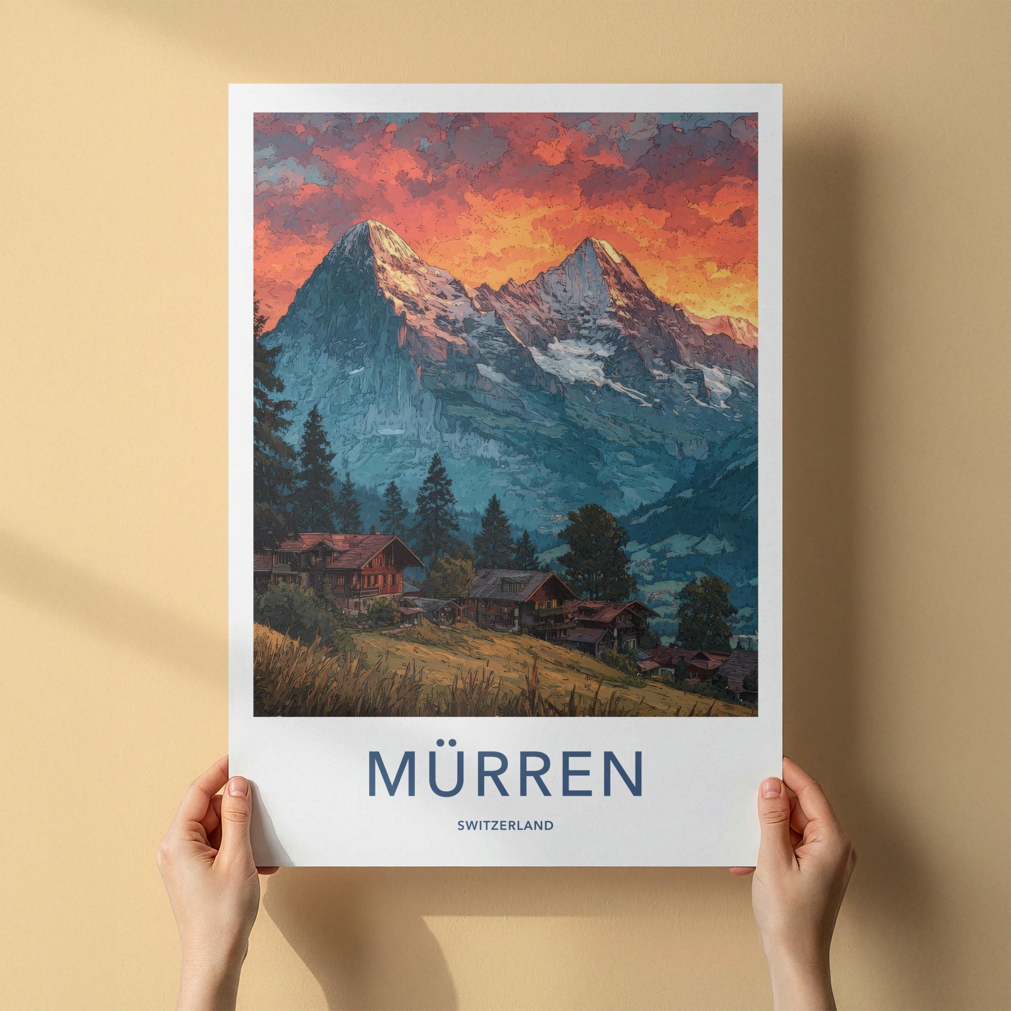 Murren Poster - Switzerland Travel Art - Snowy Peaks Village Wall Decor