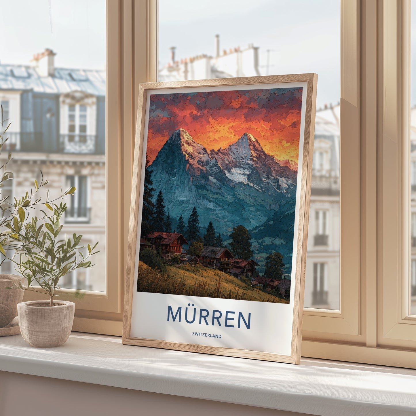 Murren Poster - Switzerland Travel Art - Snowy Peaks Village Wall Decor