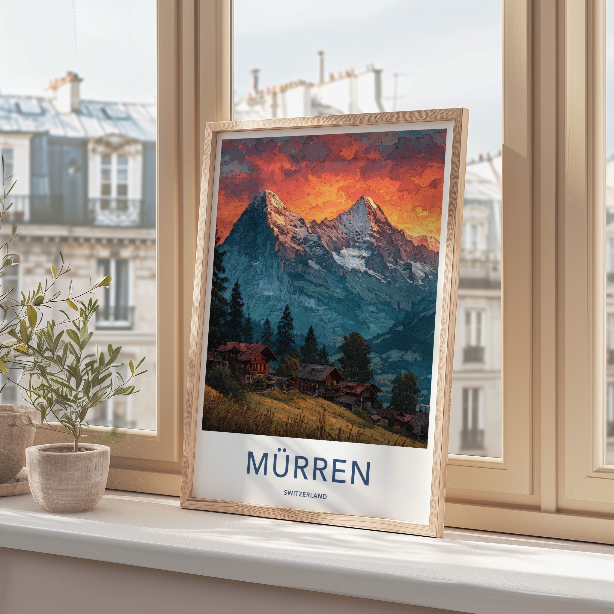 Murren Poster - Switzerland Travel Art - Snowy Peaks Village Wall Decor