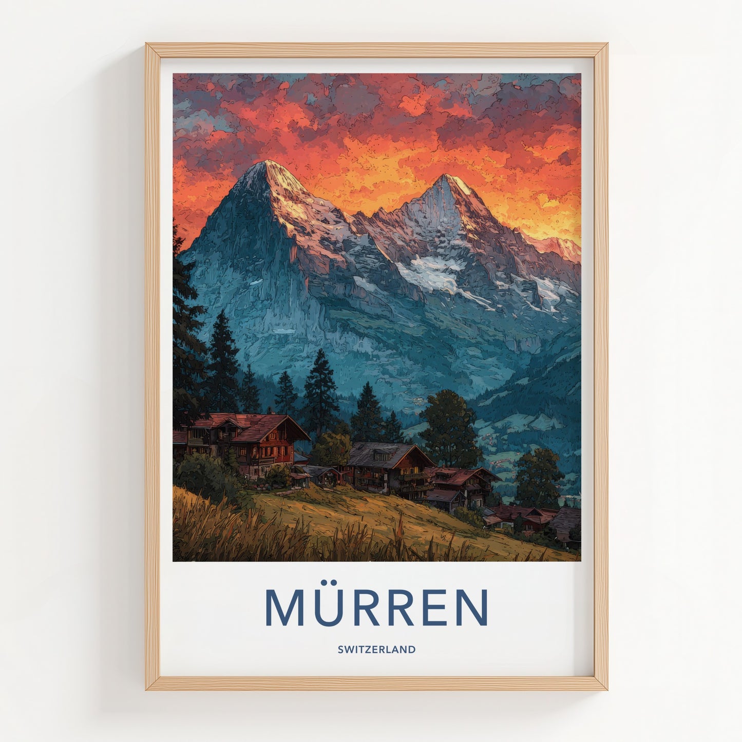 Murren Poster - Switzerland Travel Art - Snowy Peaks Village Wall Decor