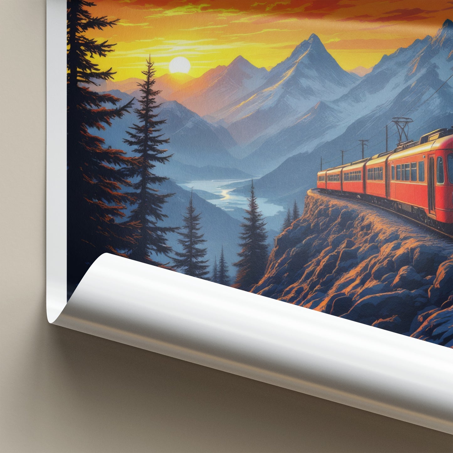 Murren Poster - Switzerland Travel Print - Mountain Train Sunset Wall Decor