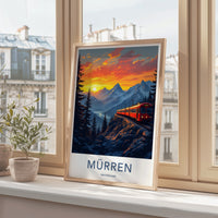 Murren Poster - Switzerland Travel Print - Mountain Train Sunset Wall Decor