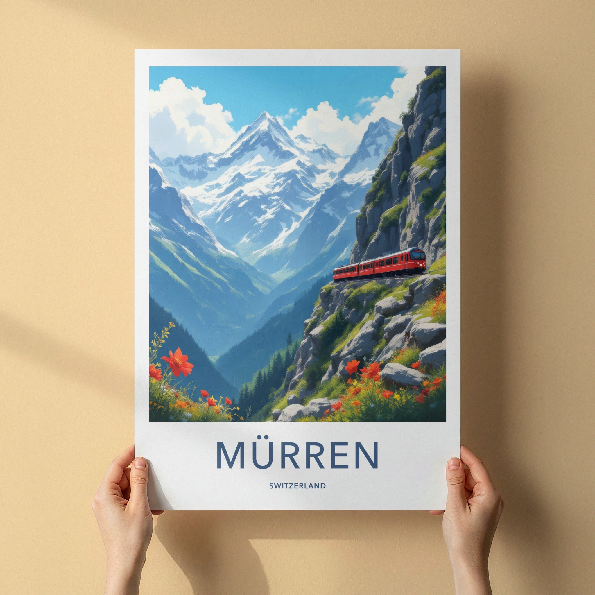 Murren Poster - Switzerland Travel Print - Red Train Mountain Wall Decor