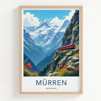 Murren Poster - Switzerland Travel Print - Red Train Mountain Wall Decor