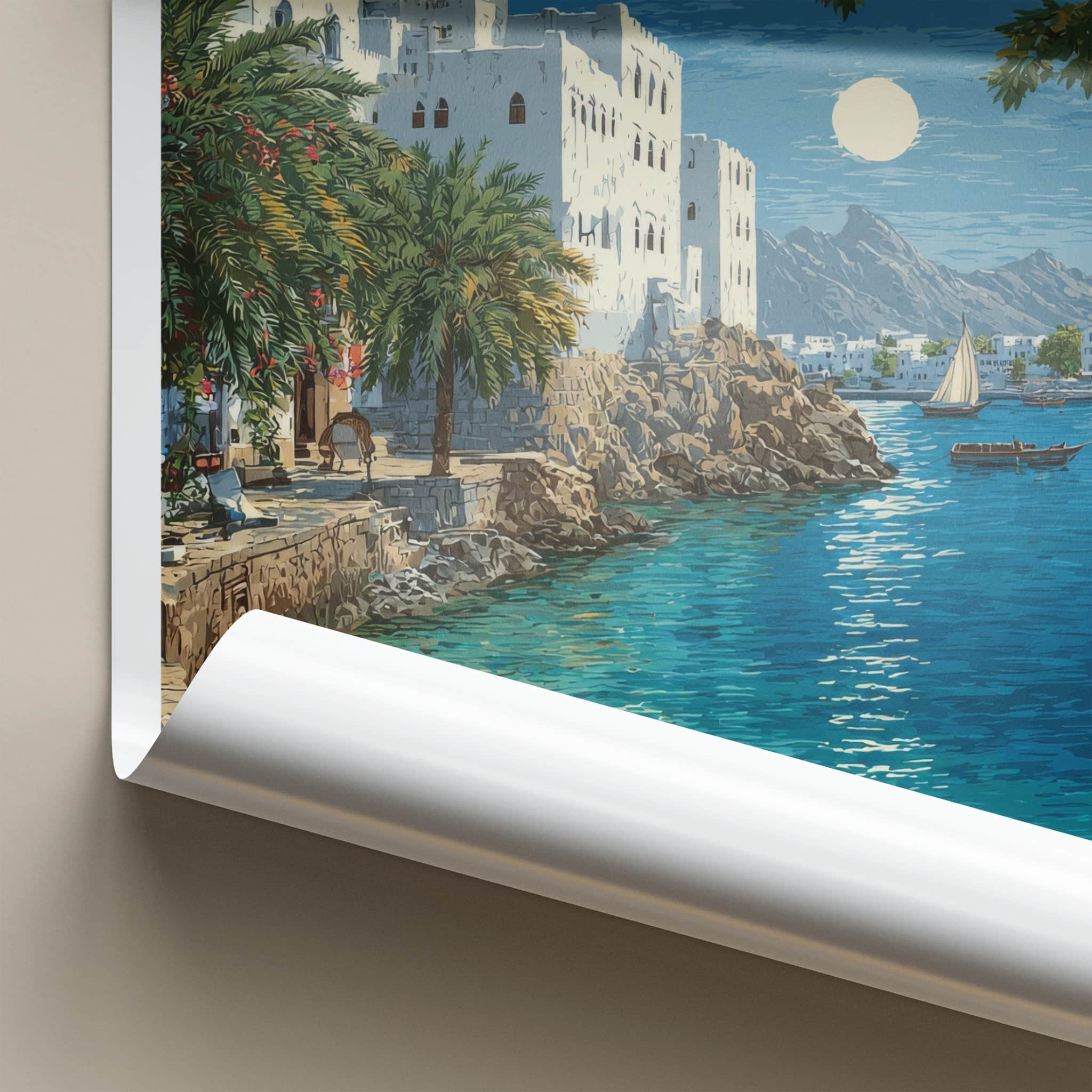 Muscat Poster - Oman Wall Art - Coastal City Moonlight Home Decor