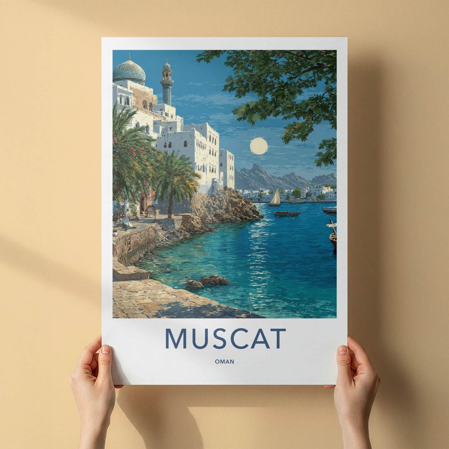 Muscat Poster - Oman Wall Art - Coastal City Moonlight Home Decor