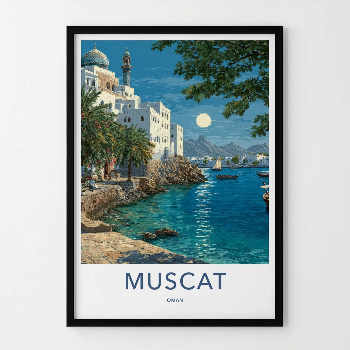 Muscat Poster - Oman Wall Art - Coastal City Moonlight Home Decor
