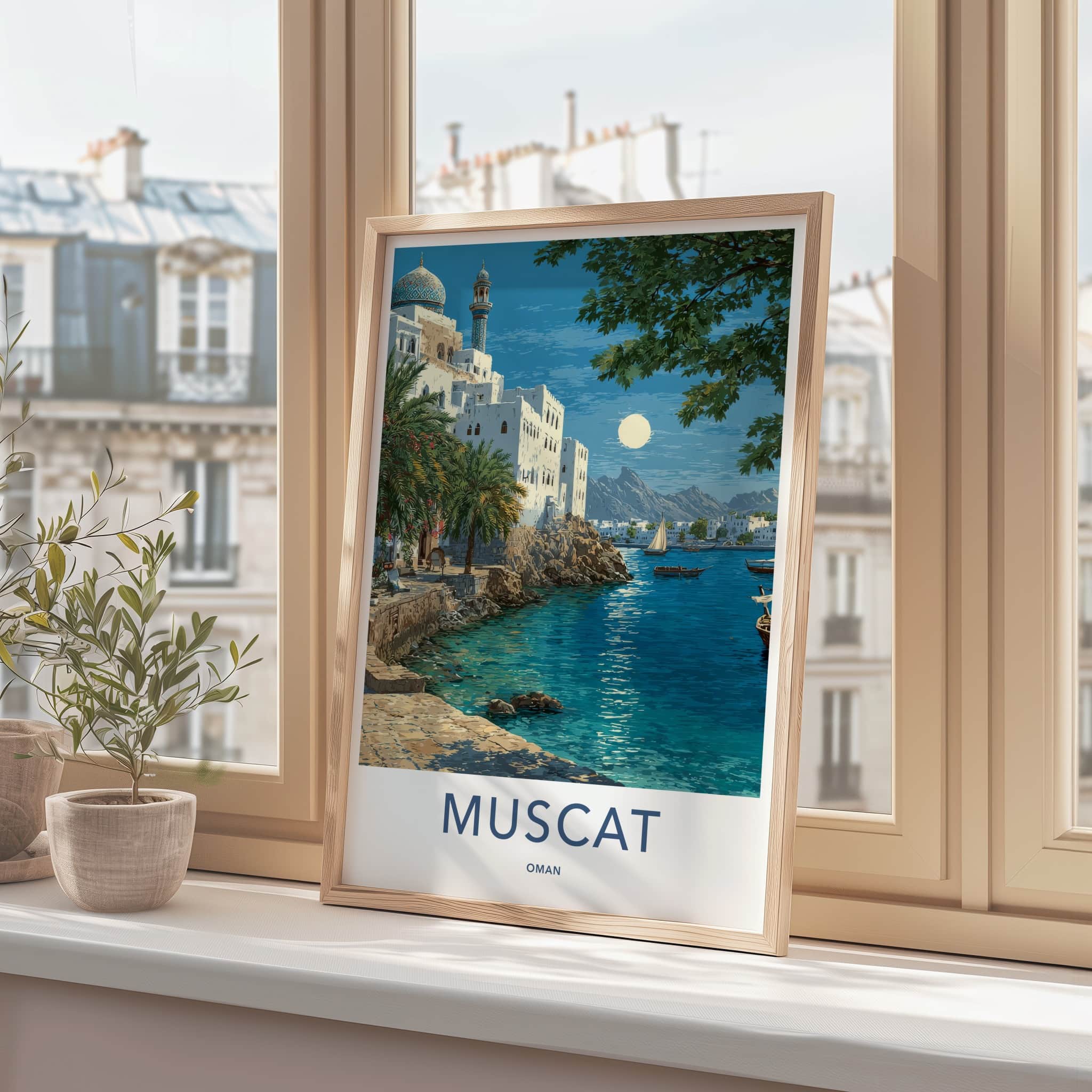 Muscat Poster - Oman Wall Art - Coastal City Moonlight Home Decor