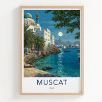 Muscat Poster - Oman Wall Art - Coastal City Moonlight Home Decor