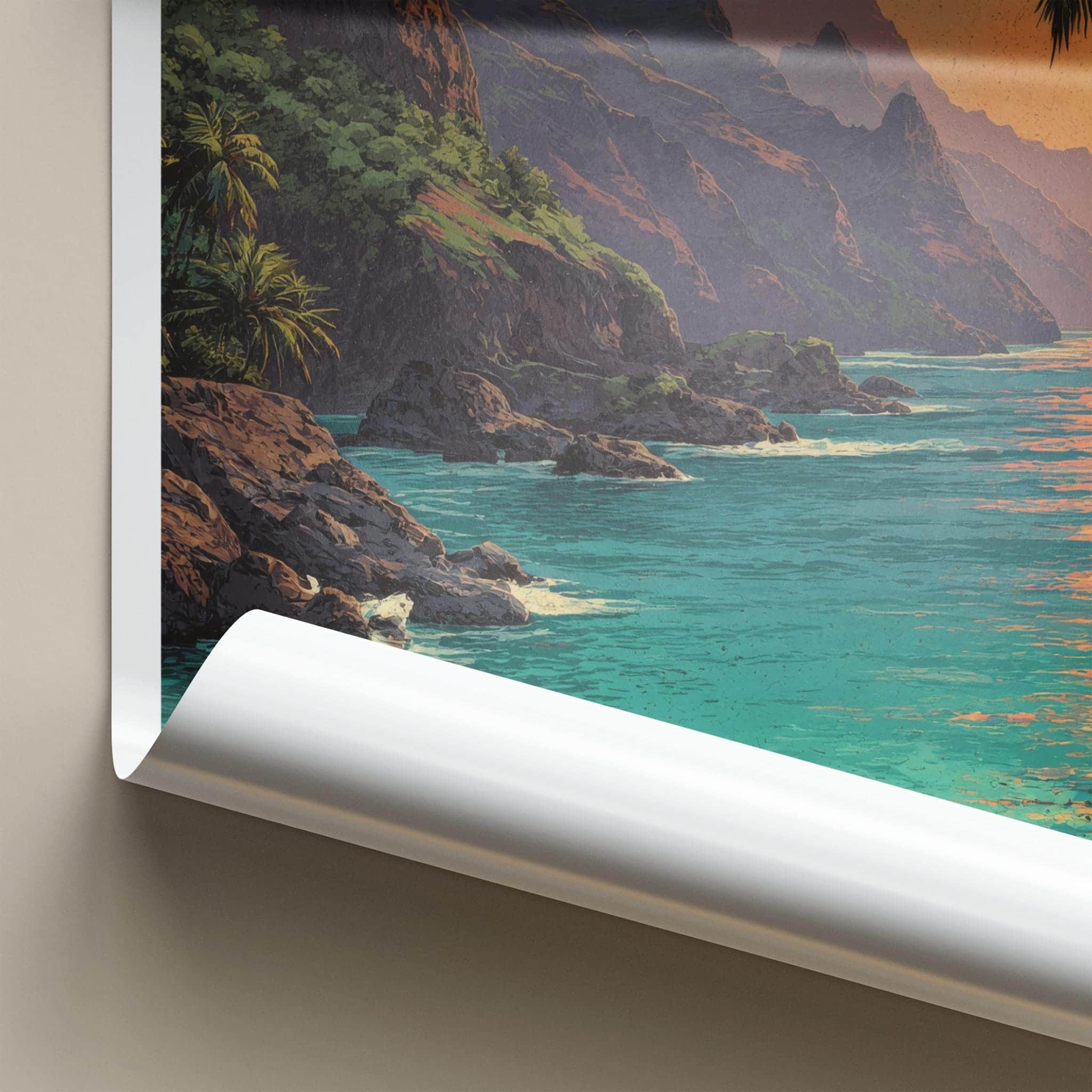 Na Pali Coast Poster - Hawaii Travel Art - Tropical Cliff Sunset Wall Decor