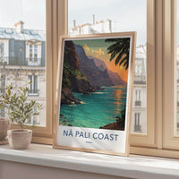 Na Pali Coast Poster - Hawaii Travel Art - Tropical Cliff Sunset Wall Decor