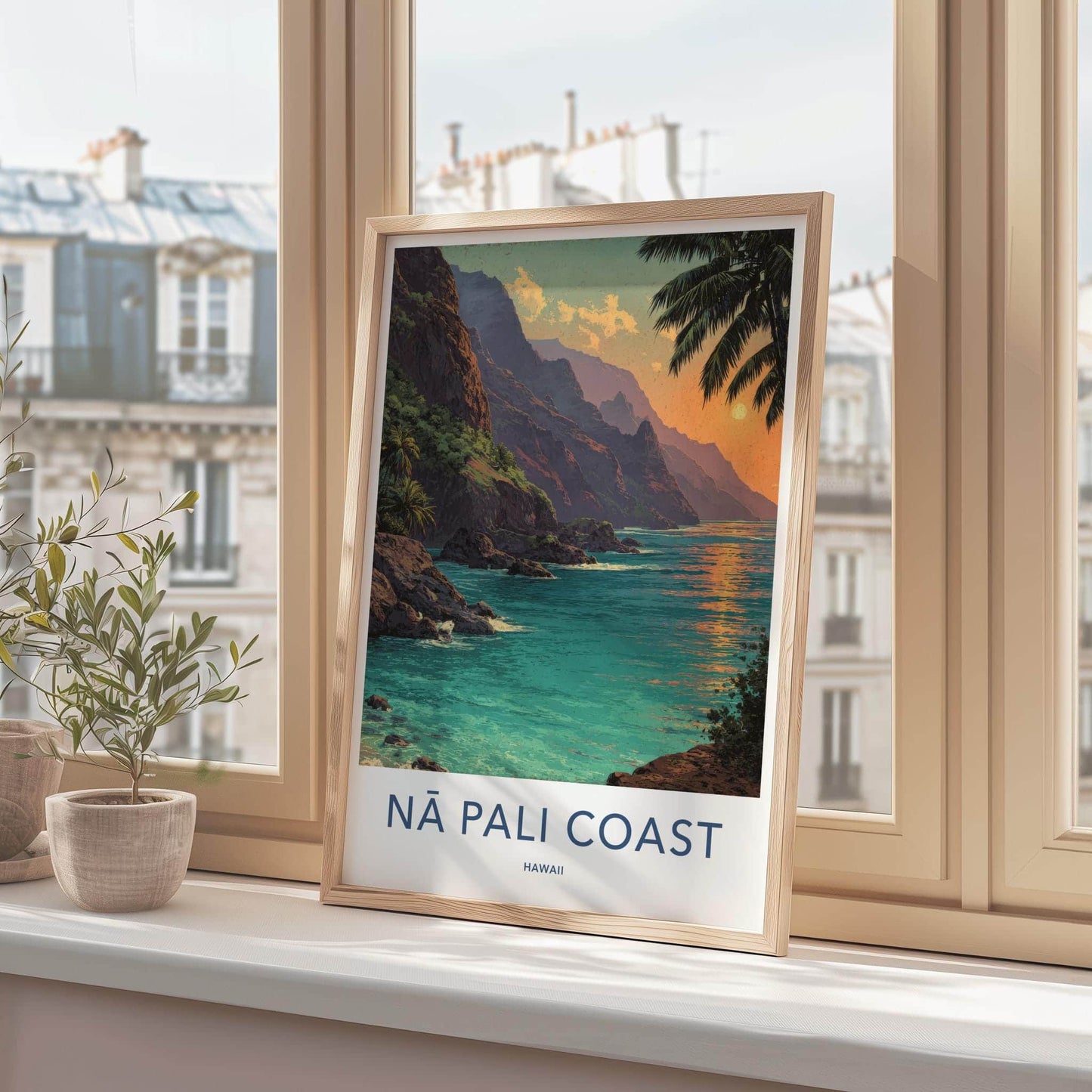 Na Pali Coast Poster - Hawaii Travel Art - Tropical Cliff Sunset Wall Decor