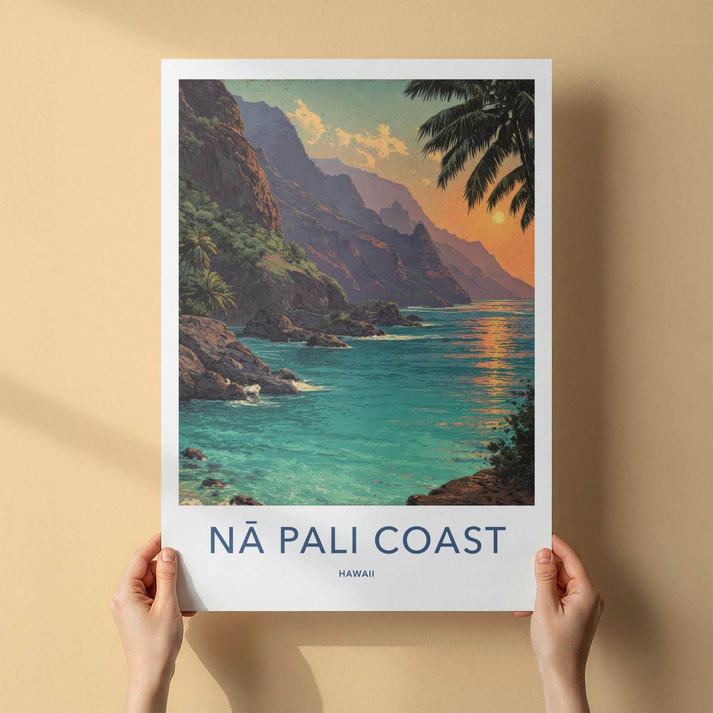 Na Pali Coast Poster - Hawaii Travel Art - Tropical Cliff Sunset Wall Decor