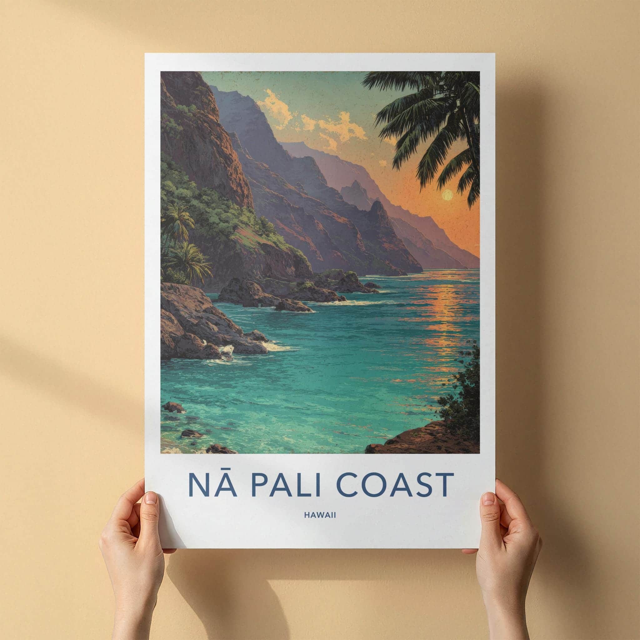Na Pali Coast Poster - Hawaii Travel Art - Tropical Cliff Sunset Wall Decor