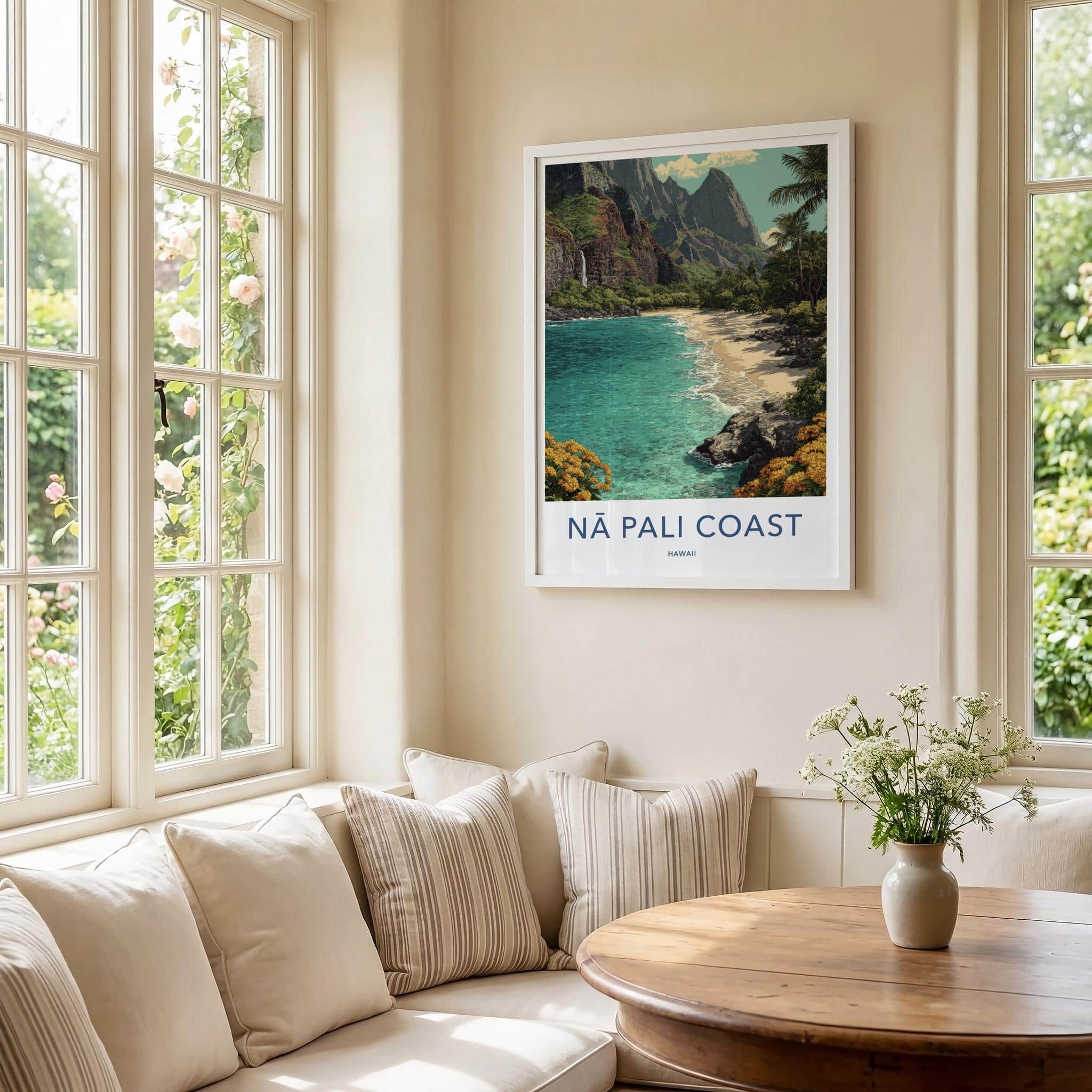 Na Pali Coast Poster - Hawaii Wall Art - Turquoise Beach Waterfall Home Decor