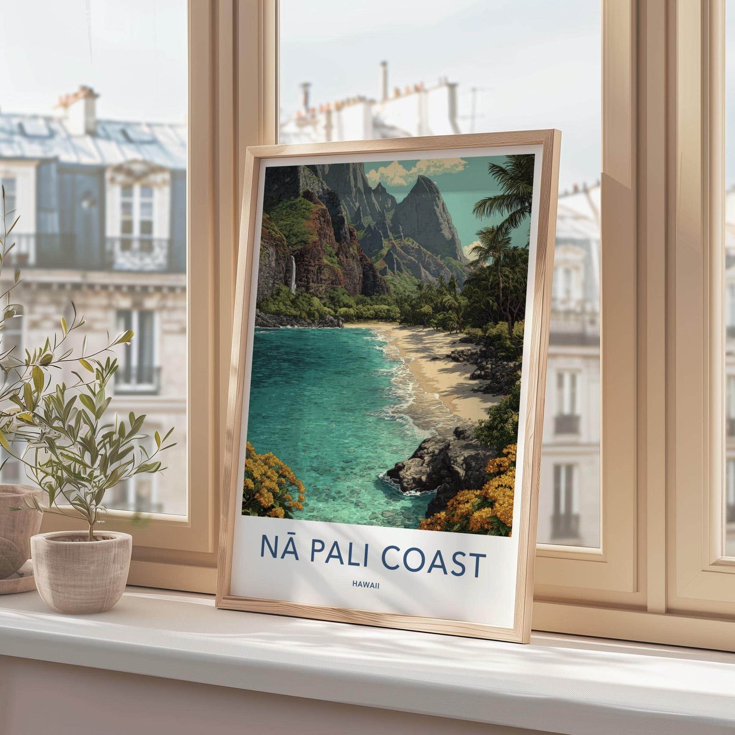 Na Pali Coast Poster - Hawaii Wall Art - Turquoise Beach Waterfall Home Decor
