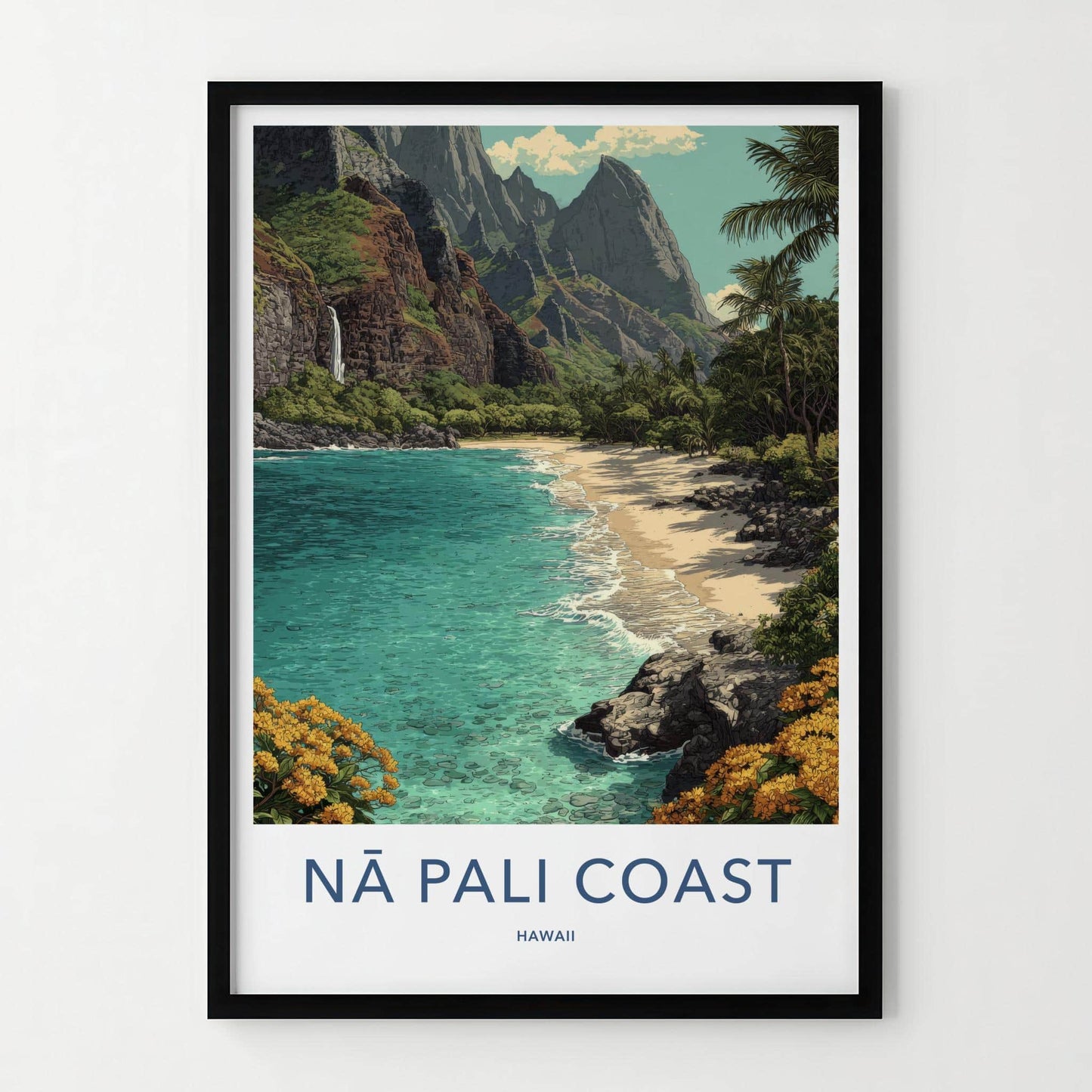 Na Pali Coast Poster - Hawaii Wall Art - Turquoise Beach Waterfall Home Decor