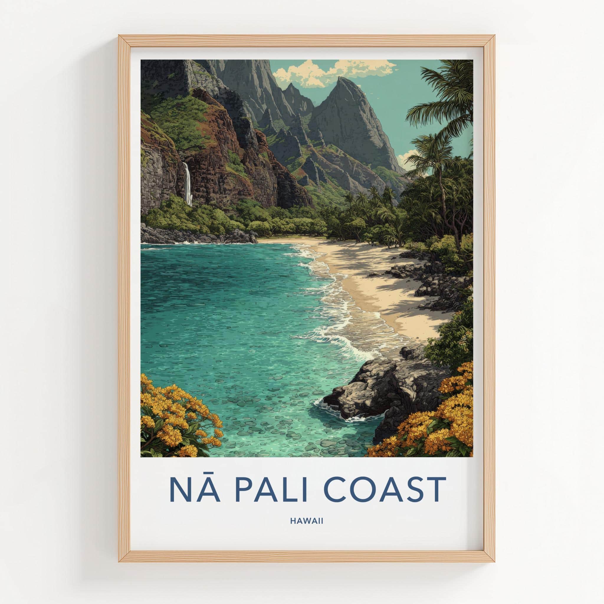 Na Pali Coast Poster - Hawaii Wall Art - Turquoise Beach Waterfall Home Decor