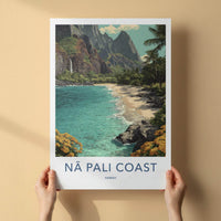 Na Pali Coast Poster - Hawaii Wall Art - Turquoise Beach Waterfall Home Decor