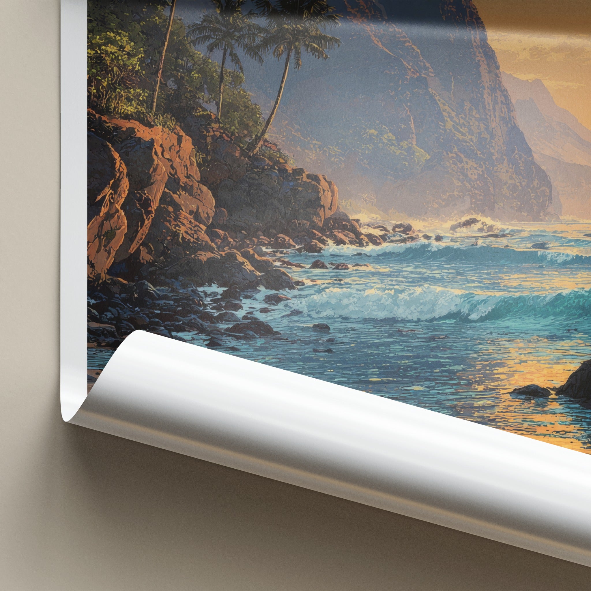 Na Pali Poster - Hawaii Art Print - Coastal Cliffs Palms Home Decor